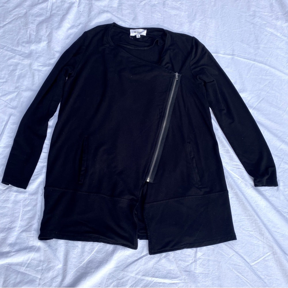 Asymmetrical zip, black, Moto-style sweatshirt.